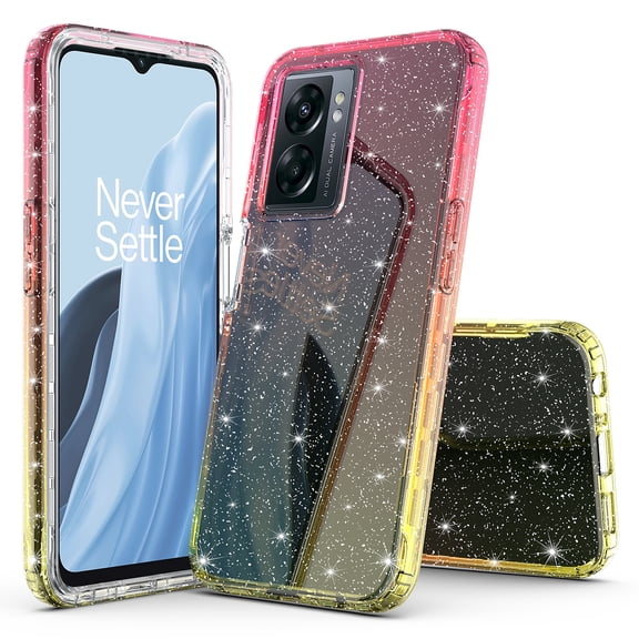 OnePlus Nord N300 5G Case, Rosebono Hybrid Glitter Sparkle Transparent Colorful Gradient TPU Skin Cover Protection Case For OnePlus Nord N300 5G (Gold/Pink)