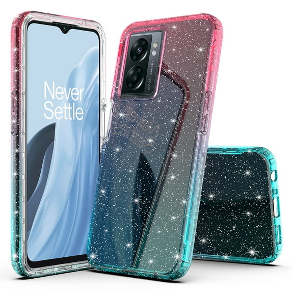 OnePlus Nord N300 5G Case, Rosebono Hybrid Glitter Sparkle Transparent Colorful Gradient TPU Skin Cover Protection Case For OnePlus Nord N300 5G (Pink/Teal)