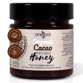 OneRoot Organic Cacao Infused Honey 300g / 10.6oz Pure, Unheated Chocolate Honey Northern Canadian Wildflower with Ecuadorian Arriba Criollo Cacao Raw Unfiltered Honey