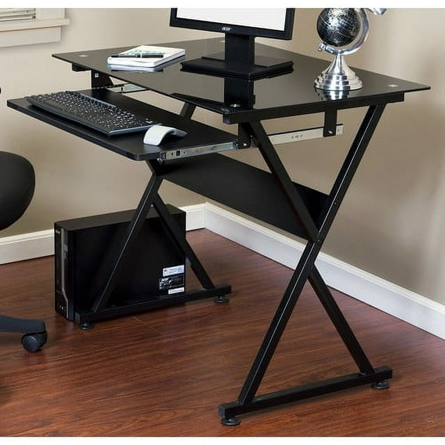 OneSpace 50-JN1205 Ultramodern Glass Computer Desk, with Pull-Out Keyboard Tray, Black