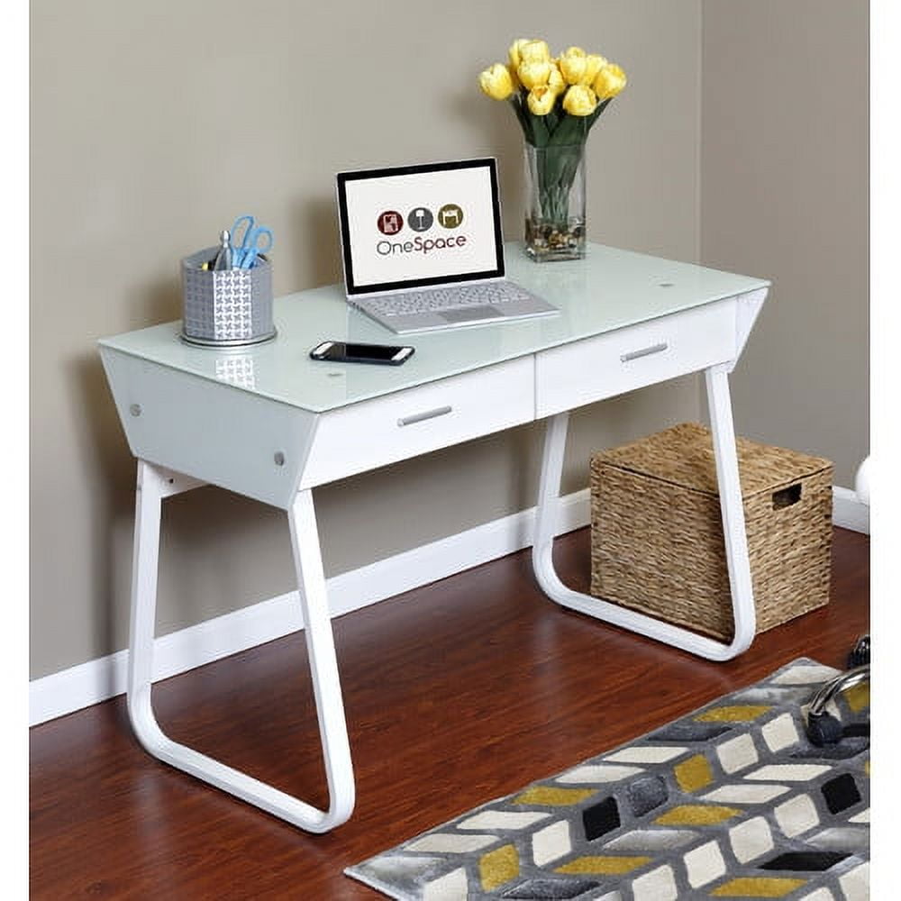 OneSpace 50JN1301 Ultramodern Glass Computer Desk with Drawers, White