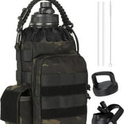 OneTigris 64 oz/ 128 oz Water Bottle with Straw, Leak Proof Hydration Water Bottles with 3 Lids and MOLLE Pouch for Outdoor Sport Gym Travel