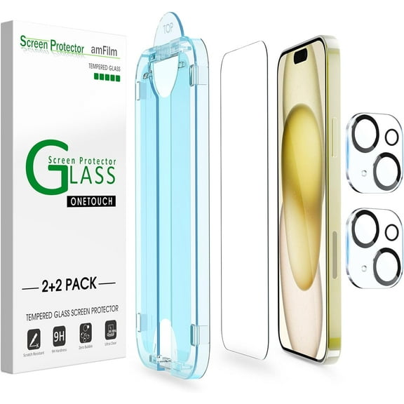 OneTouch 2+2 Pack Compatible with iPhone 15 Screen Protector 6.1" Tempered Glass with Camera Lens Protector Accessories, Premium Easiest Installation Kit 9H, Case Friendly Anti-Scratch HD