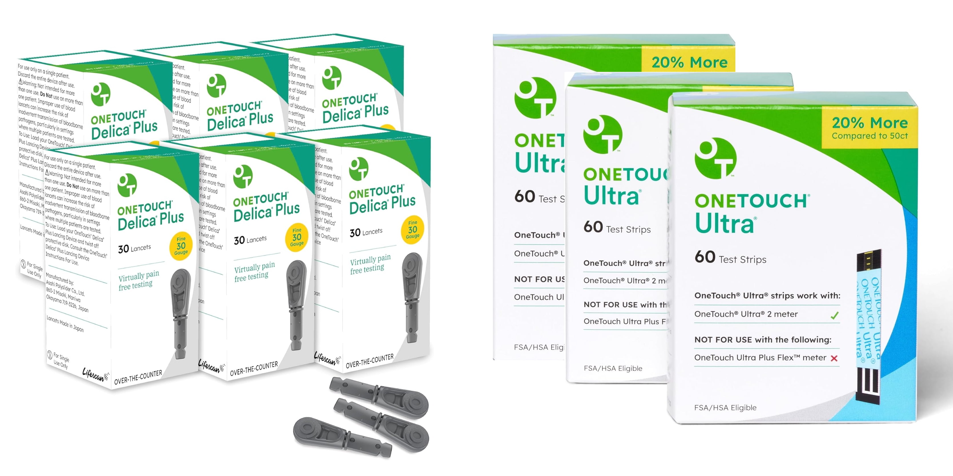 OneTouch Delica Plus Lancets & OneTouch Ultra Test Strips Bundle - Includes 180 Test Strips & 180 Lancets - Fine 30-Gauge - for Diabetes Testing - Diabetic Supplies for Blood Sugar Monitor
