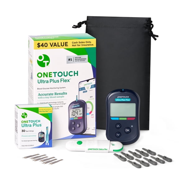 OneTouch Ultra Plus Flex Test Kit - Includes Ultra Plus Flex Blood Glucose Meter, 10 Lancets, Lancing Device, 30 Test Strips & Carrying Pouch - Diabetes Care Supplies