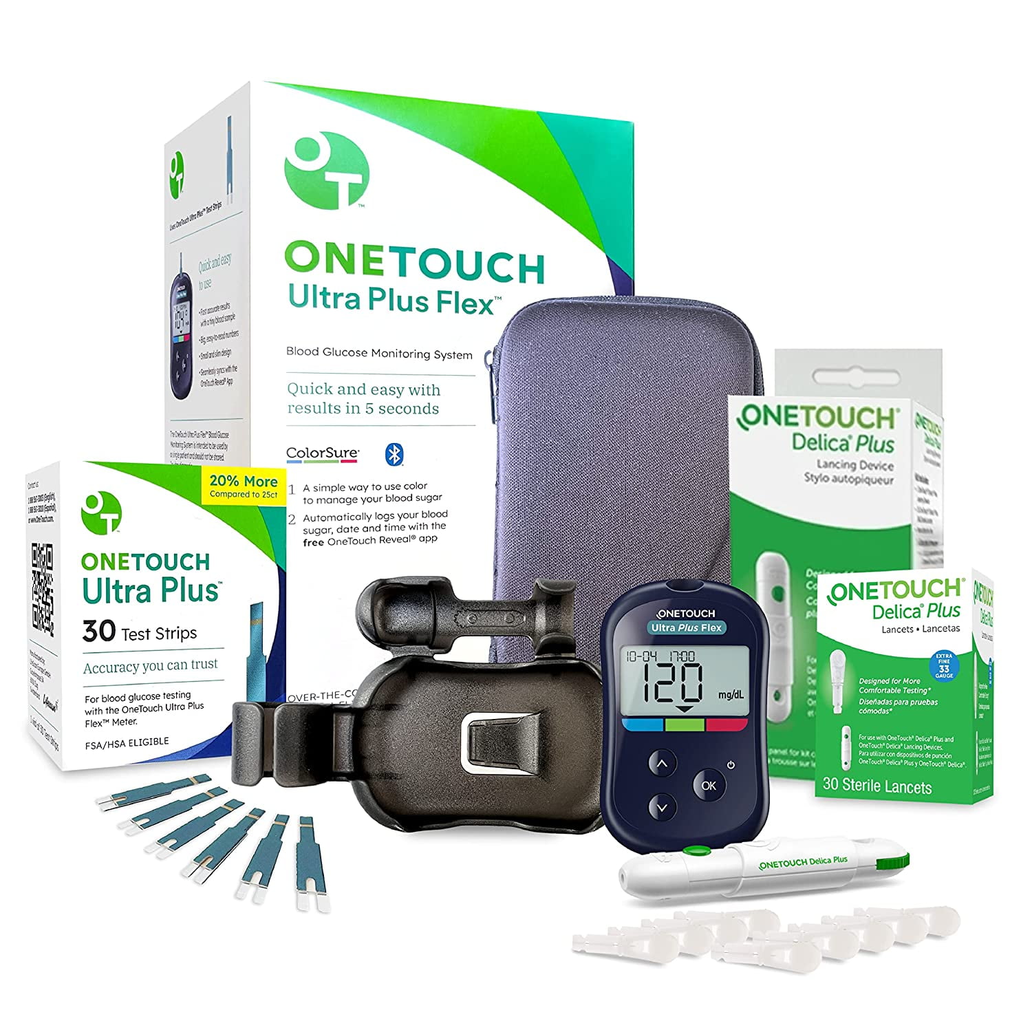 OneTouch Ultra Plus Flex Value Diabetes Testing Kit | Blood Sugar Test Kit Includes 1 Blood Glucose Meter, 1 Lancing Device, 30 Lancets, 30 Diabetic Test Strips, & Carrying Case