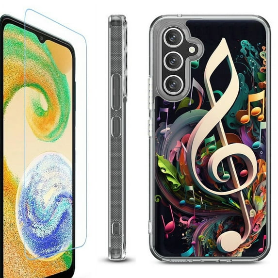 OneToughShield ® Case Compatible with Samsung Galaxy A25 5G, Shockproof Bumper Phone Case, with Tempered Glass Screen Protector - Music Notes Colorful