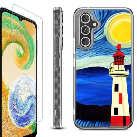 OneToughShield ® Case Compatible with Samsung Galaxy A25 5G, Shockproof Bumper Phone Case, with Tempered Glass Screen Protector - Starry Night Lighthouse