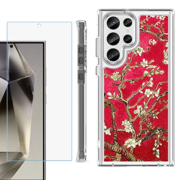 OneToughShield ® Case Compatible with Samsung Galaxy S24 Ultra, Shockproof Bumper Phone Case, with Tempered Glass Screen Protector - Almond Blossom Red