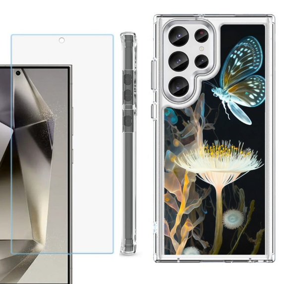 OneToughShield ® Case Compatible with Samsung Galaxy S24 Ultra, Shockproof Bumper Phone Case, with Tempered Glass Screen Protector - Butterfly Translucent