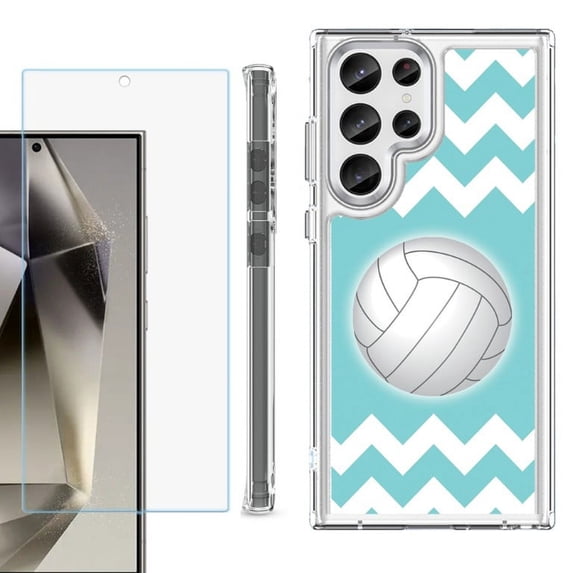 OneToughShield ® Case Compatible with Samsung Galaxy S24 Ultra, Shockproof Bumper Phone Case, with Tempered Glass Screen Protector - Chevron/Volleyball