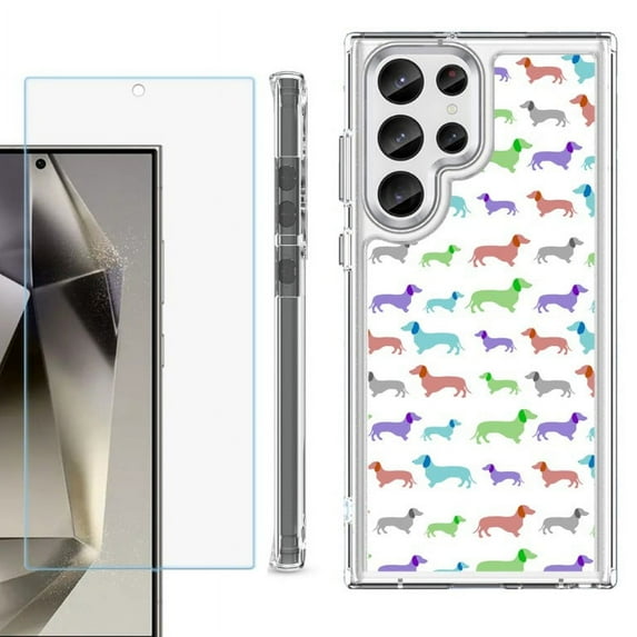 OneToughShield ® Case Compatible with Samsung Galaxy S24 Ultra, Shockproof Bumper Phone Case, with Tempered Glass Screen Protector - Colorful Dachshund/Puppy