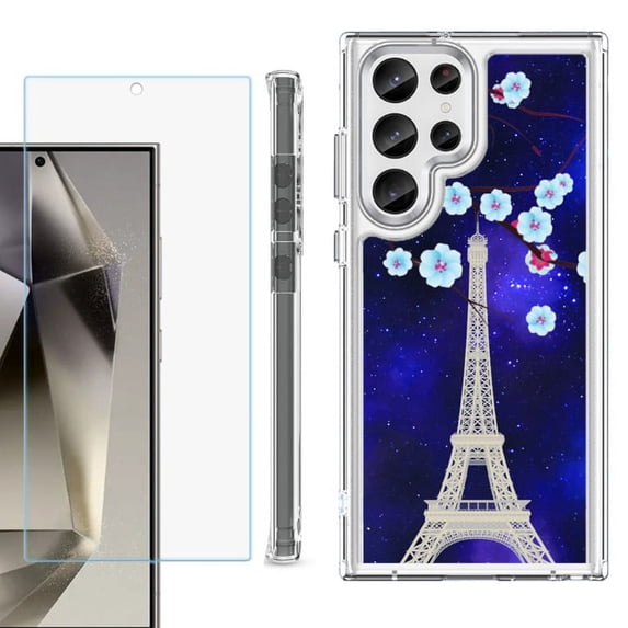 OneToughShield ® Case Compatible with Samsung Galaxy S24 Ultra, Shockproof Bumper Phone Case, with Tempered Glass Screen Protector - Eiffel Tower Stars