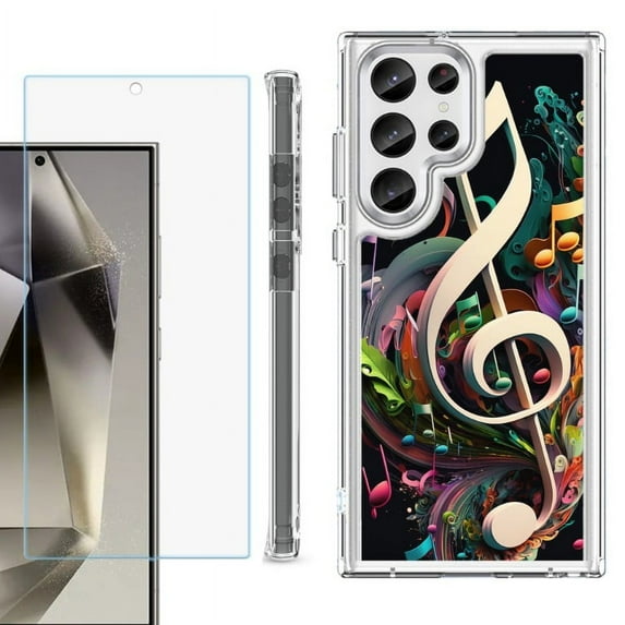 OneToughShield ® Case Compatible with Samsung Galaxy S24 Ultra, Shockproof Bumper Phone Case, with Tempered Glass Screen Protector - Music Notes Colorful