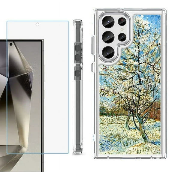 OneToughShield ® Case Compatible with Samsung Galaxy S24 Ultra, Shockproof Bumper Phone Case, with Tempered Glass Screen Protector - Peach Tree Blossom