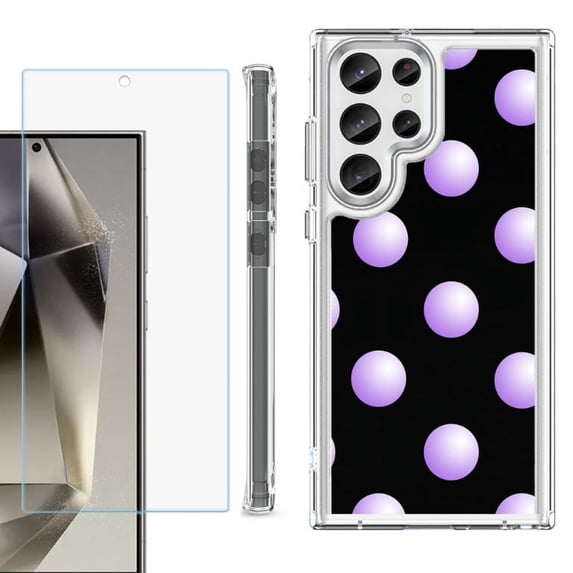 OneToughShield ® Case Compatible with Samsung Galaxy S24 Ultra, Shockproof Bumper Phone Case, with Tempered Glass Screen Protector - Polka Dot / Purple
