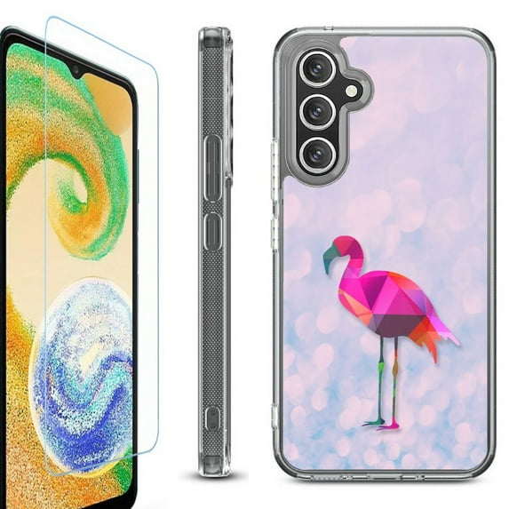 OneToughShield ® Case Compatible with Samsung Galaxy A25 5G, Shockproof Bumper Phone Case, with Tempered Glass Screen Protector - Flamingo / Polygon