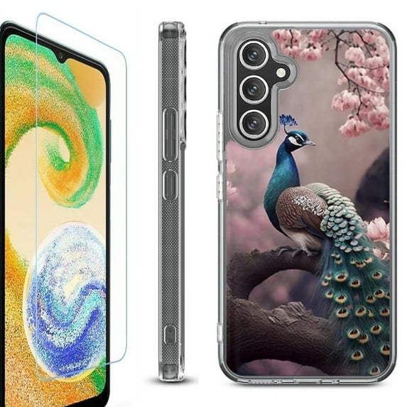 OneToughShield ® Case Compatible with Samsung Galaxy A25 5G, Shockproof Bumper Phone Case, with Tempered Glass Screen Protector - Peacock Flower