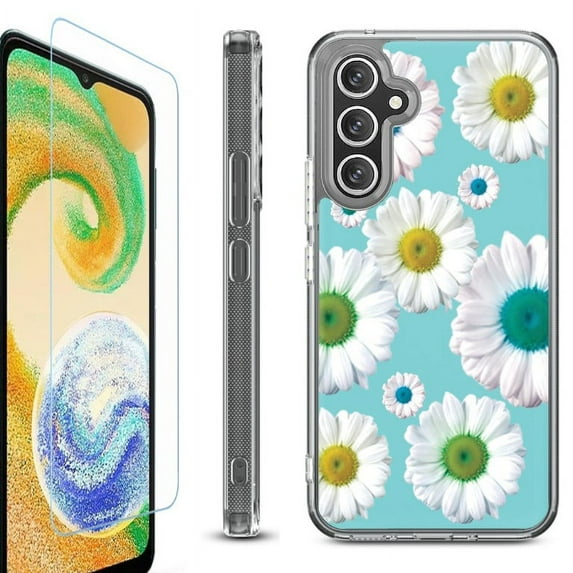 OneToughShield ® Case Compatible with Samsung Galaxy S24, Shockproof Bumper Phone Case, with Tempered Glass Screen Protector - Daisy/Teal