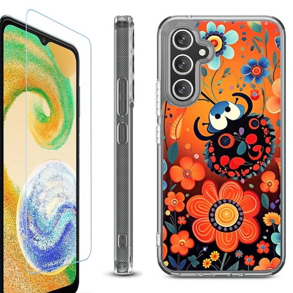OneToughShield ® Case Compatible with Samsung Galaxy S24, Shockproof Bumper Phone Case, with Tempered Glass Screen Protector - Ladybug Flower