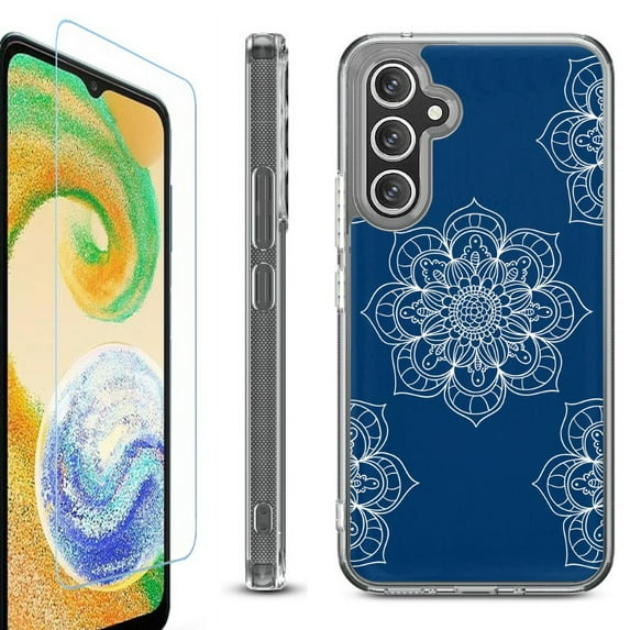 OneToughShield ® Case Compatible with Samsung Galaxy S24, Shockproof Bumper Phone Case, with Tempered Glass Screen Protector - Mandala / Blue