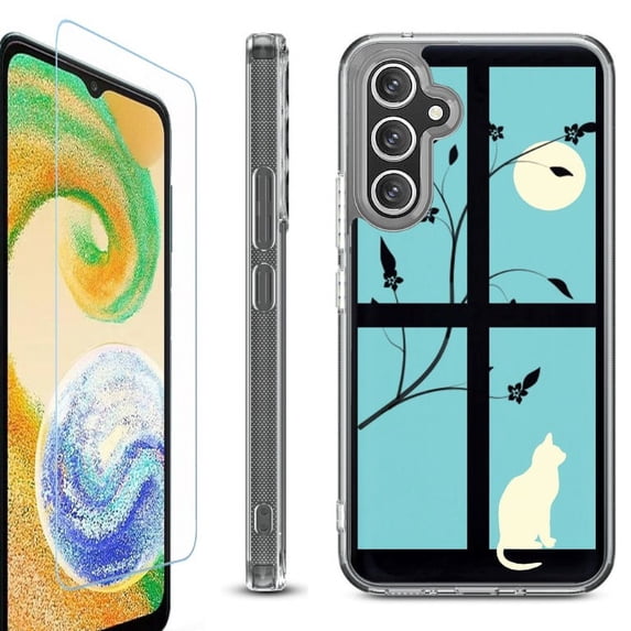 OneToughShield ® Case Compatible with Samsung Galaxy S24, Shockproof Bumper Phone Case, with Tempered Glass Screen Protector - Moon/Cat