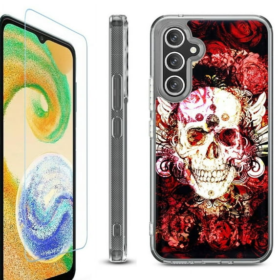 OneToughShield ® Case Compatible with Samsung Galaxy S24, Shockproof Bumper Phone Case, with Tempered Glass Screen Protector - Rose Skull