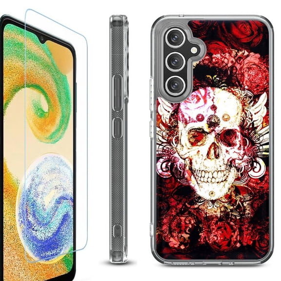 OneToughShield ® Case Compatible with Samsung Galaxy S24, Shockproof Bumper Phone Case, with Tempered Glass Screen Protector - Rose Skull