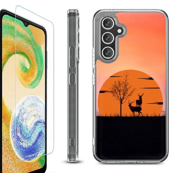 OneToughShield ® Case Compatible with Samsung Galaxy S24, Shockproof Bumper Phone Case, with Tempered Glass Screen Protector - Sunset Deer