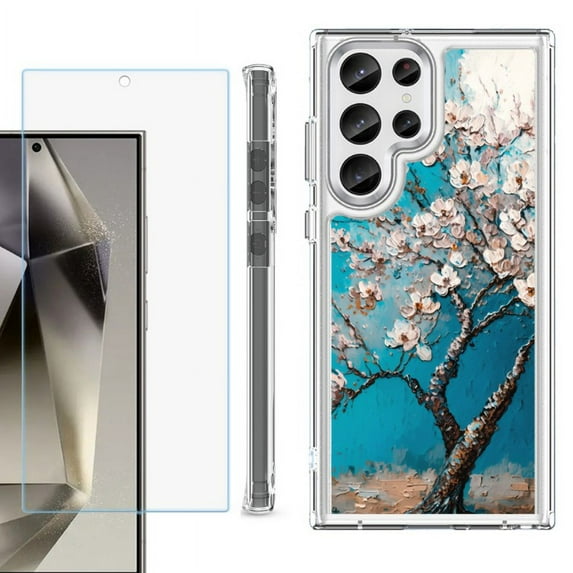 OneToughShield ® Case Compatible with Samsung Galaxy S24 Ultra, Shockproof Bumper Phone Case, with Tempered Glass Screen Protector - Almond Tree