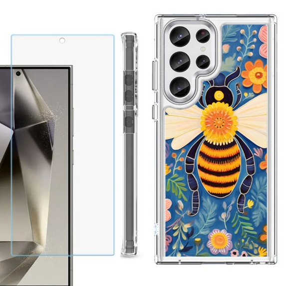 OneToughShield ® Case Compatible with Samsung Galaxy S24 Ultra, Shockproof Bumper Phone Case, with Tempered Glass Screen Protector - Bee Flower