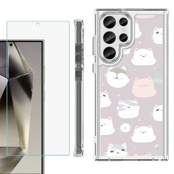 OneToughShield ® Case Compatible with Samsung Galaxy S24 Ultra, Shockproof Bumper Phone Case, with Tempered Glass Screen Protector - Cat Mix