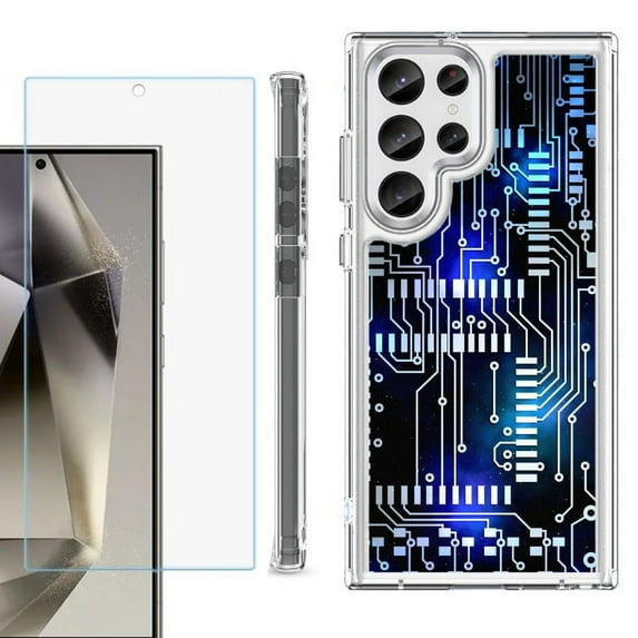 OneToughShield ® Case Compatible with Samsung Galaxy S24 Ultra, Shockproof Bumper Phone Case, with Tempered Glass Screen Protector - Cosmos Circuit