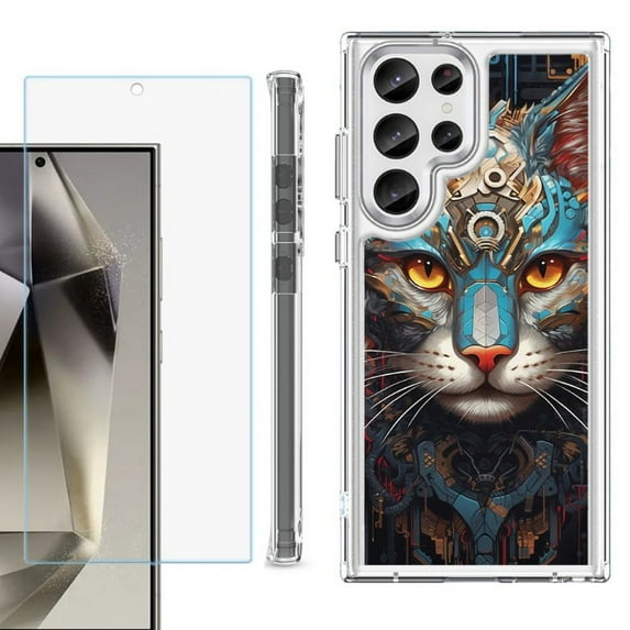 OneToughShield ® Case Compatible with Samsung Galaxy S24 Ultra, Shockproof Bumper Phone Case, with Tempered Glass Screen Protector - Cyberpunk Cat