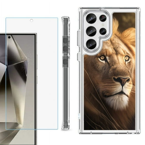 OneToughShield ® Case Compatible with Samsung Galaxy S24 Ultra, Shockproof Bumper Phone Case, with Tempered Glass Screen Protector - Lion