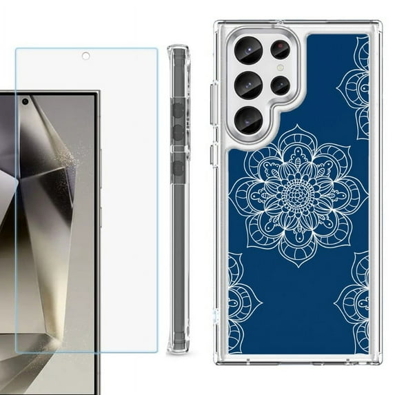 OneToughShield ® Case Compatible with Samsung Galaxy S24 Ultra, Shockproof Bumper Phone Case, with Tempered Glass Screen Protector - Mandala / Blue