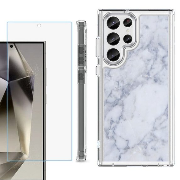 OneToughShield ® Case Compatible with Samsung Galaxy S24 Ultra, Shockproof Bumper Phone Case, with Tempered Glass Screen Protector - Marble / Clouds