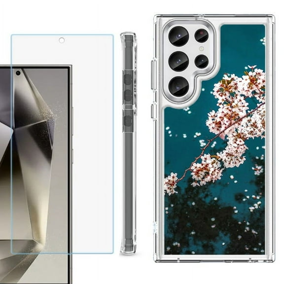 OneToughShield ® Case Compatible with Samsung Galaxy S24 Ultra, Shockproof Bumper Phone Case, with Tempered Glass Screen Protector - Night Blossom