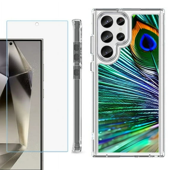 OneToughShield ® Case Compatible with Samsung Galaxy S24 Ultra, Shockproof Bumper Phone Case, with Tempered Glass Screen Protector - Peacock Feather