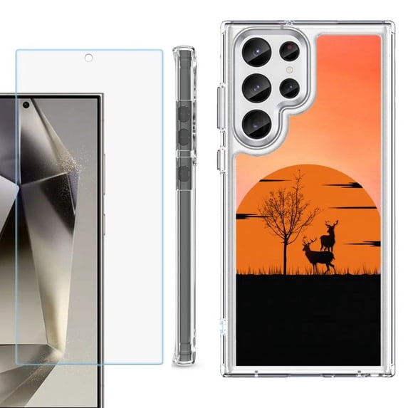 OneToughShield ® Case Compatible with Samsung Galaxy S24 Ultra, Shockproof Bumper Phone Case, with Tempered Glass Screen Protector - Sunset Deer