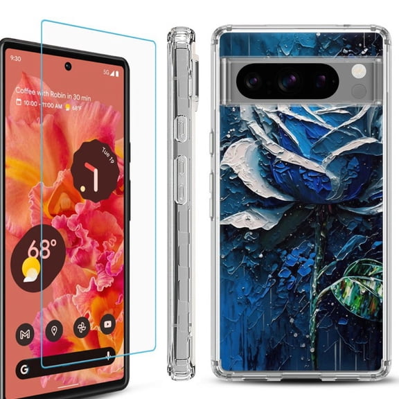 OneToughShield ® Compatible with Google Pixel 8 Pro, Shockproof Phone Case, with Tempered Glass Screen Protector - Blue Rose