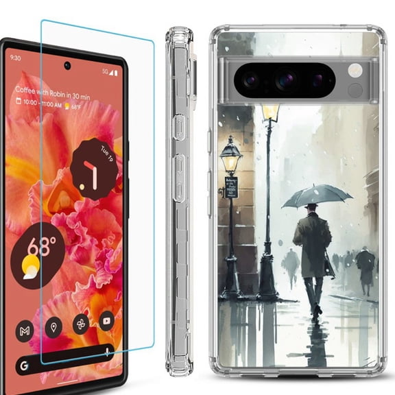 OneToughShield  Compatible with Google Pixel 8 Pro, Shockproof Phone Case, with Tempered Glass Screen Protector - City in the rain