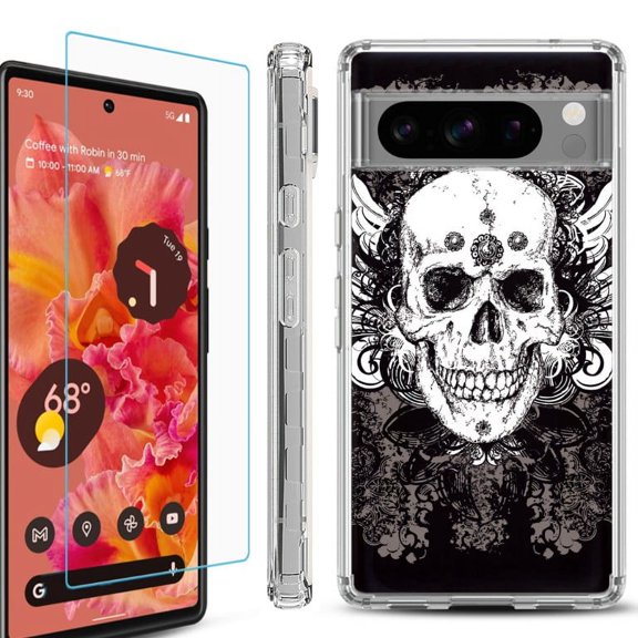 OneToughShield ® Compatible with Google Pixel 8 Pro, Shockproof Phone Case, with Tempered Glass Screen Protector - Grunge Skull