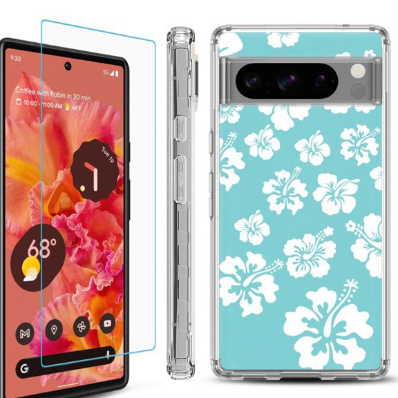 OneToughShield  Compatible with Google Pixel 8 Pro, Shockproof Phone Case, with Tempered Glass Screen Protector - Hibiscus Teal