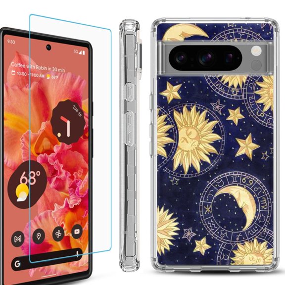 OneToughShield  Compatible with Google Pixel 8 Pro, Shockproof Phone Case, with Tempered Glass Screen Protector - Moon Sun Star