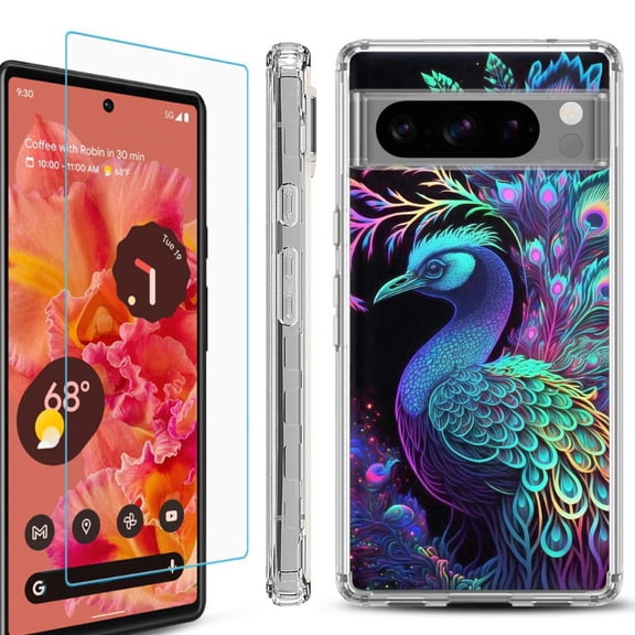 OneToughShield  Compatible with Google Pixel 8 Pro, Shockproof Phone Case, with Tempered Glass Screen Protector - Neon Peacock