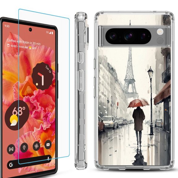 OneToughShield  Compatible with Google Pixel 8 Pro, Shockproof Phone Case, with Tempered Glass Screen Protector - Paris in the Rain