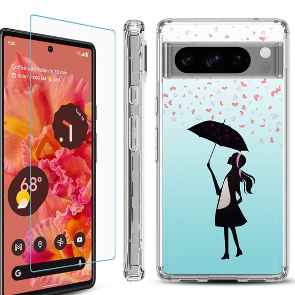 OneToughShield  Compatible with Google Pixel 8 Pro, Shockproof Phone Case, with Tempered Glass Screen Protector - Rain/Hearts