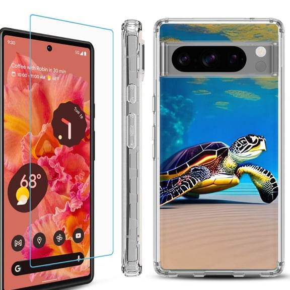 OneToughShield  Compatible with Google Pixel 8 Pro, Shockproof Phone Case, with Tempered Glass Screen Protector - Sea Turtle Beach