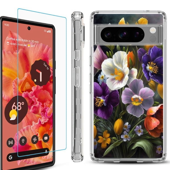 OneToughShield  Compatible with Google Pixel 8 Pro, Shockproof Phone Case, with Tempered Glass Screen Protector - Spring Flower